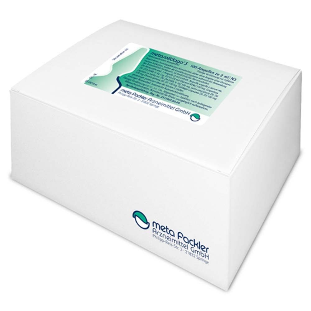 Weißer Karton mit Aufkleber. Aufschrift: metasolidago S, meta Packler Arzneimittel GmbH.