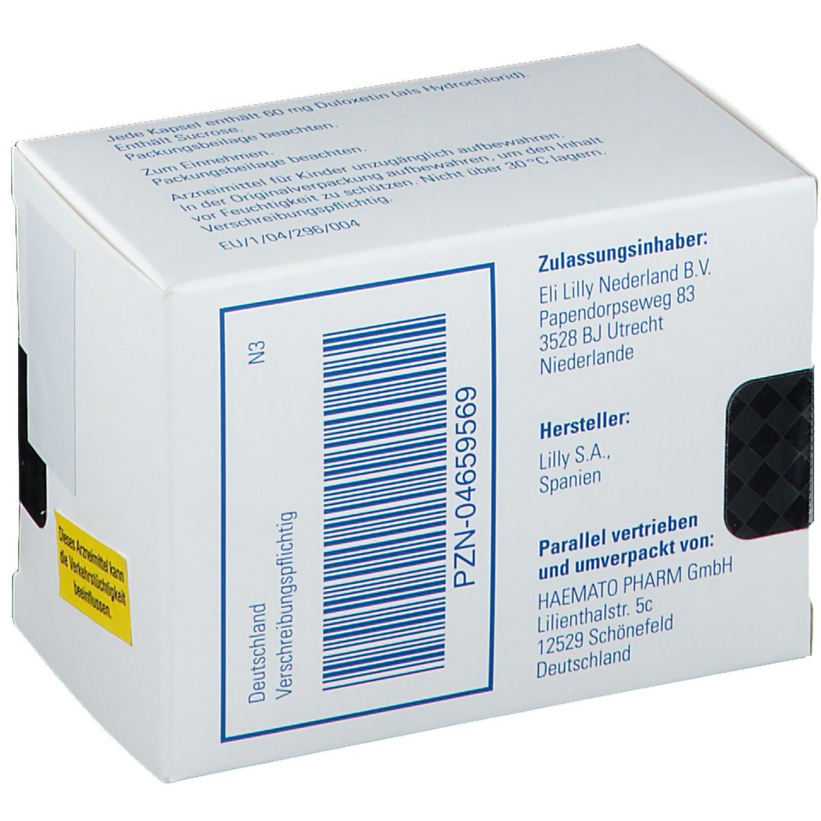 Rückseite einer weißen Cymbalta-Schachtel. Barcode, Herstellerinformationen und weitere Texte. Grün umrandet.