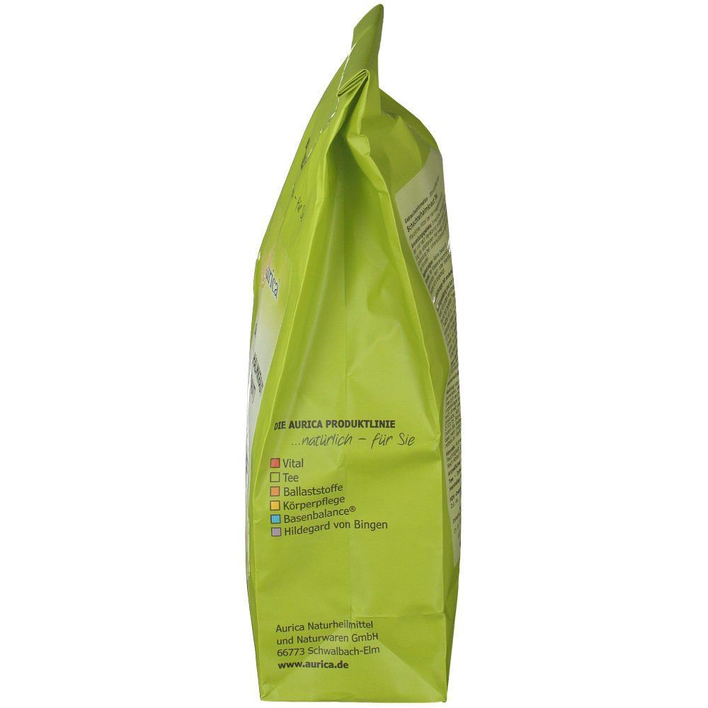 Grüne Verpackung, seitliche Ansicht. Text: Aurica, Tee, Basenbalance. Aufdruck: Aurica Naturheilmittel.