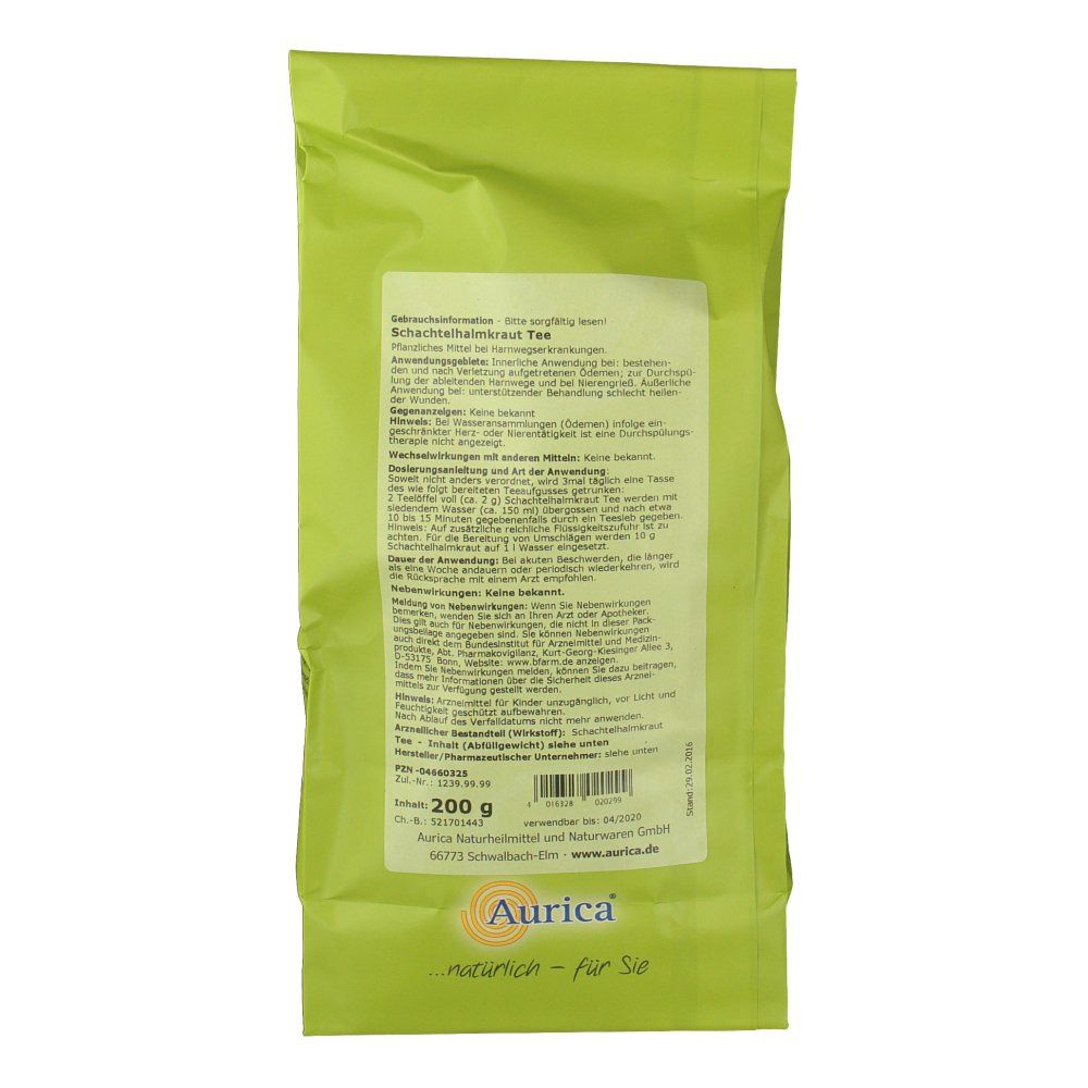 Rückseite einer grünen Verpackung. Text: Schachtelhalmkraut Tee, 200 g, Aurica. Informationen zum Produkt.