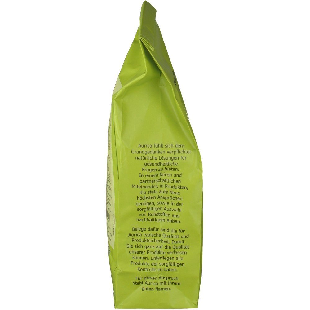 Grüne Verpackung, seitliche Ansicht. Text: Aurica, Qualität, Nachhaltigkeit. Informationen zum Unternehmen.