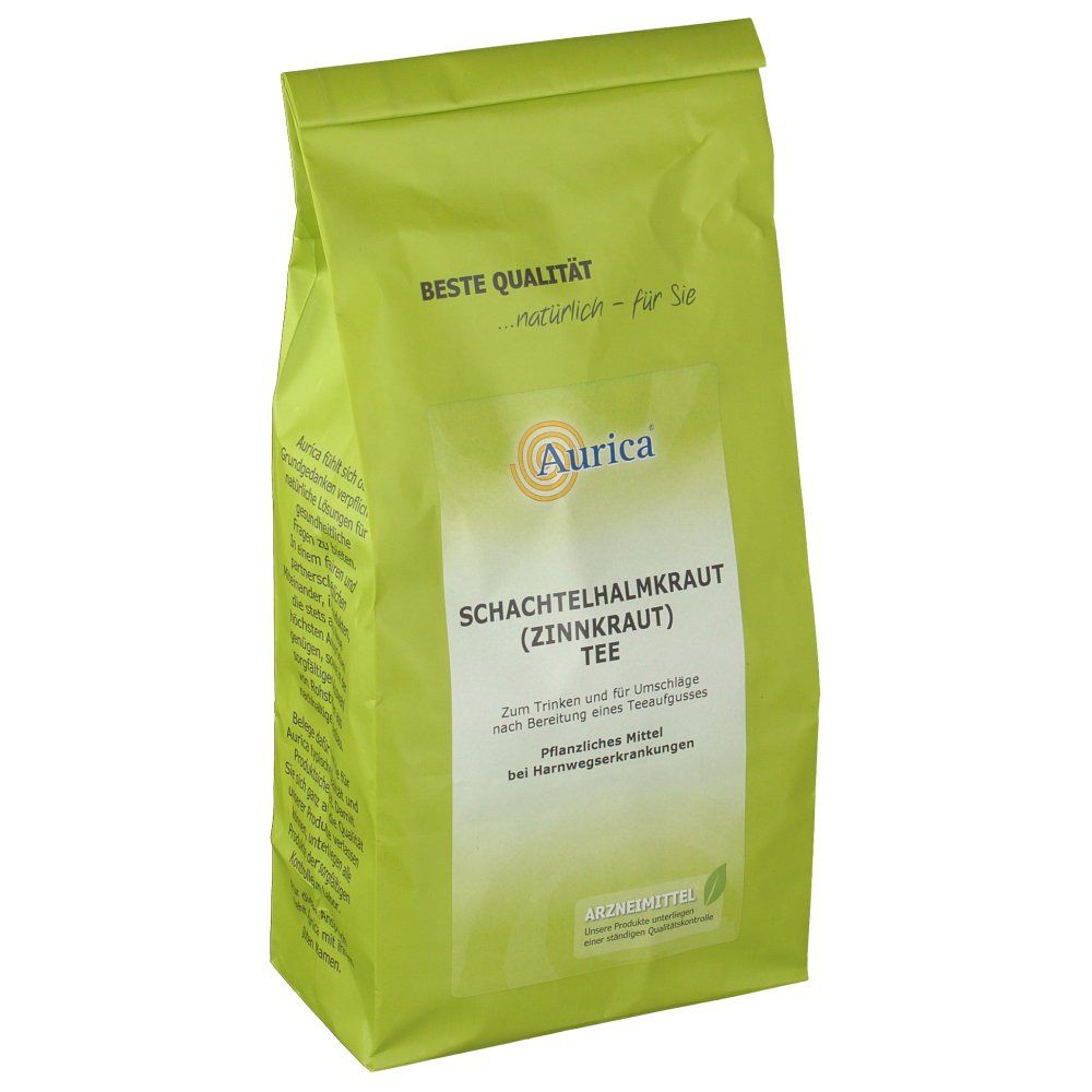 Grüne Verpackung, Vorderansicht. Text: Aurica, Schachtelhalmkraut (Zinnkraut) Tee. Aufdruck: Beste Qualität.