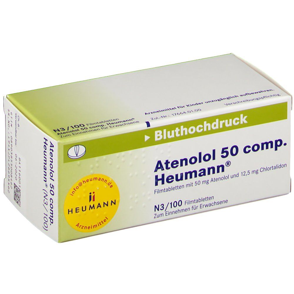 Atenolol 50 comp. Heumann Filmtabletten-Packung. Enthält 100 Tabletten. Aufschrift: "Bluthochdruck".