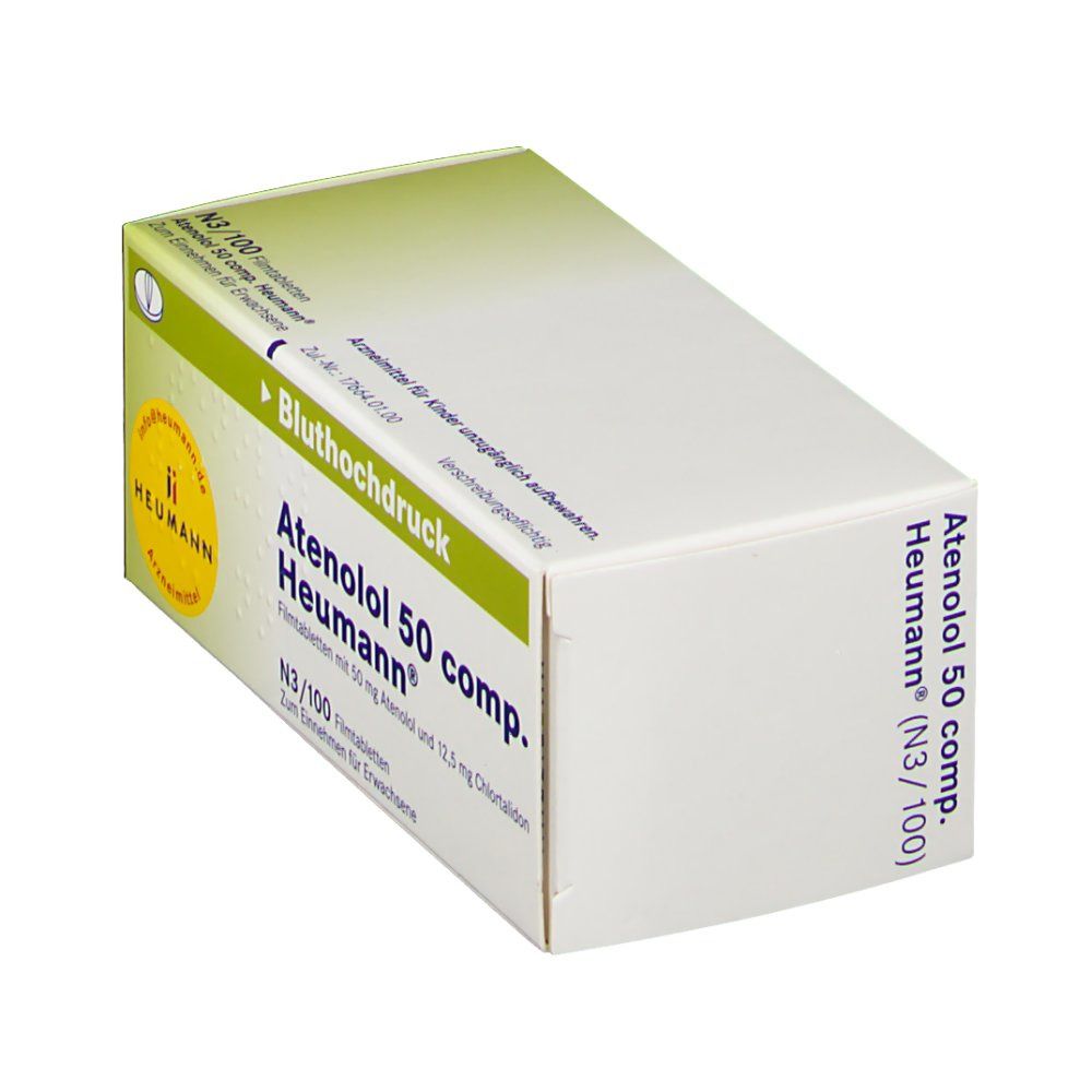 Atenolol 50 comp. Heumann Filmtabletten-Packung. Aufschrift: "Bluthochdruck". Verpackung mit grünem Farbverlauf.