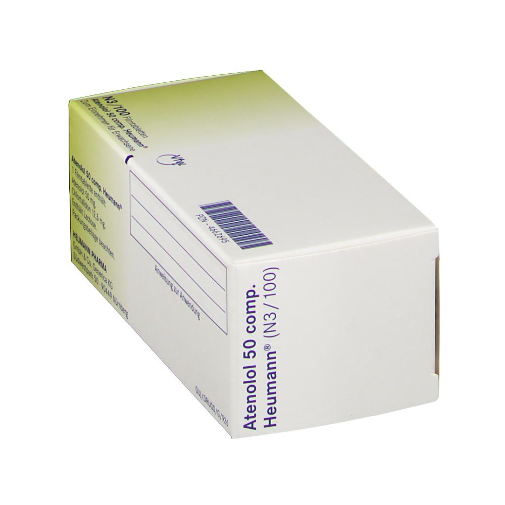 Atenolol 50 comp. Heumann Filmtabletten-Packung. Rückseite mit Barcode und Produktinformationen.