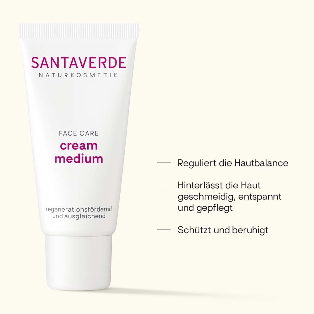 Weiße Tube mit SANTAVERDE-Logo und Text. Textzeilen: Reguliert die Hautbalance.