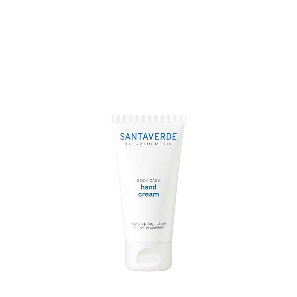 Weiße Tube SANTAVERDE Handcreme. Blauer Schriftzug. Produktname und Logo. Handcreme-Aufschrift.