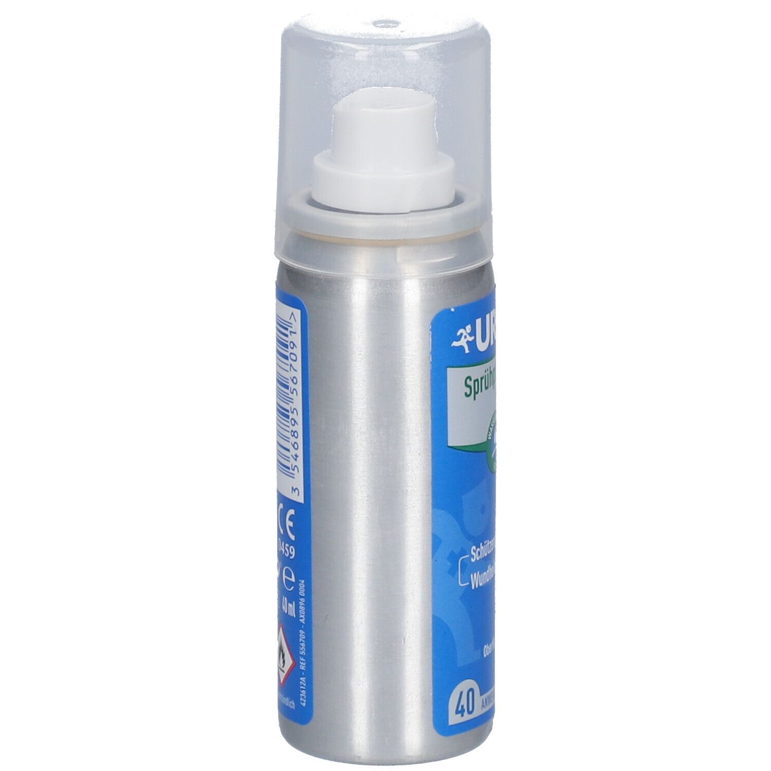 Silberne Sprühflasche mit weißem Sprühkopf und transparentem Deckel. Rückseite mit Text und CE-Kennzeichnung.
