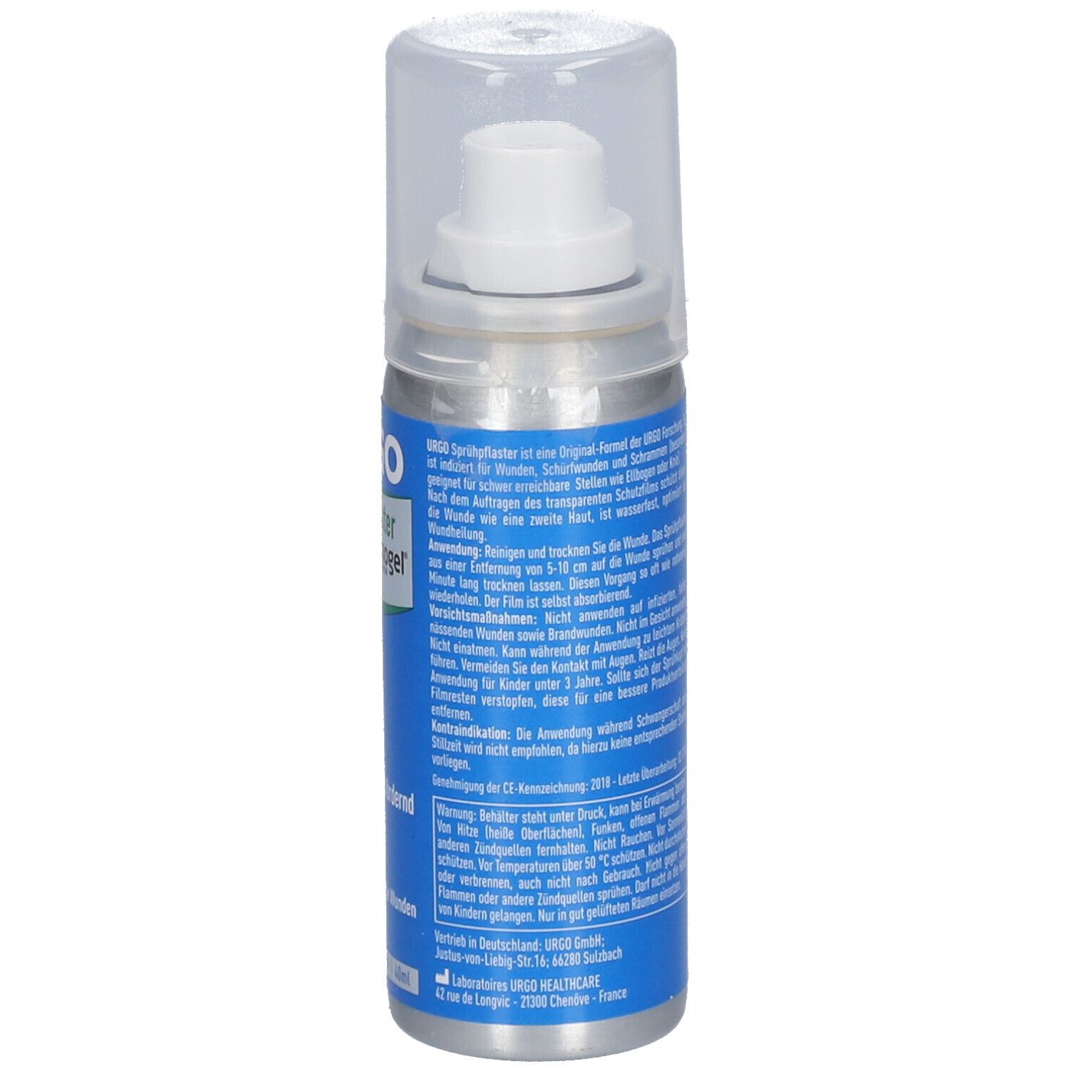 Silberne Sprühflasche mit weißem Sprühkopf und transparentem Deckel. Rückseite mit Text.