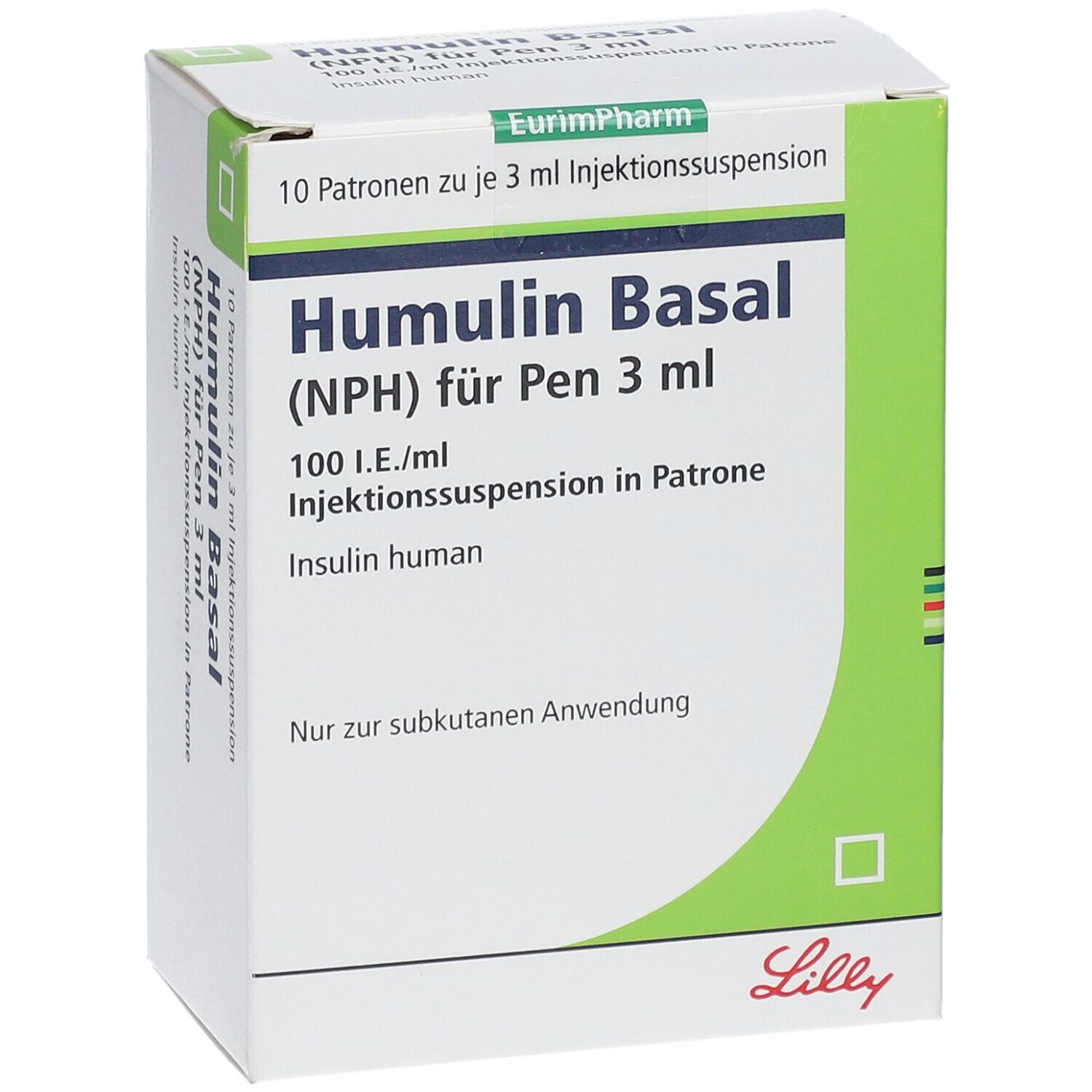 Verpackung von Humulin Basal (NPH) für Pen 3 ml, 100 I.E./ml, mit Lilly Logo.