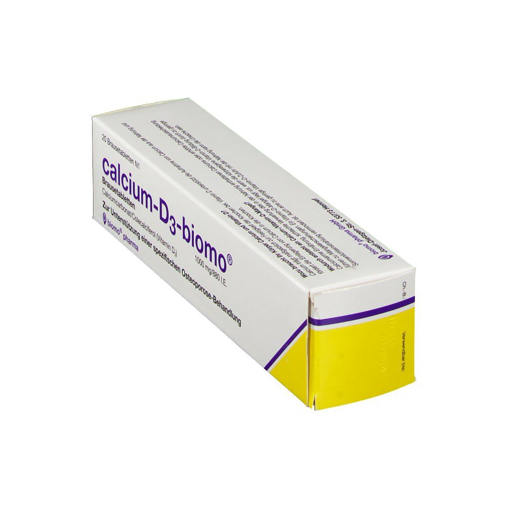 Schachtel, weiß mit gelben Akzenten. Aufschrift: calcium-D3-biomo®, 1000 mg/880 I.E. 20 Brausetabletten. biomo pharma Logo.