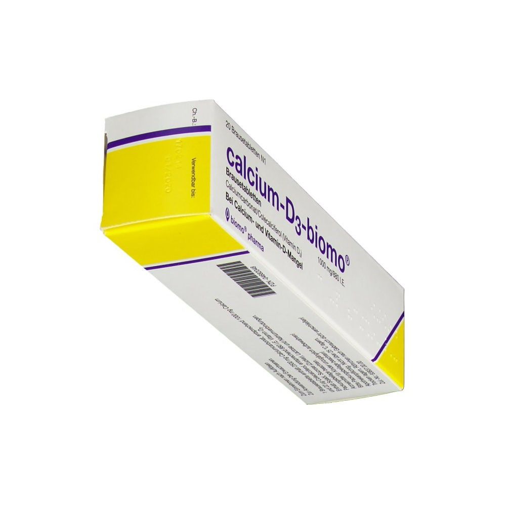 Schachtel, weiß mit gelben Akzenten. Aufschrift: calcium-D3-biomo®, 1000 mg/880 I.E. 20 Brausetabletten. biomo pharma Logo.
