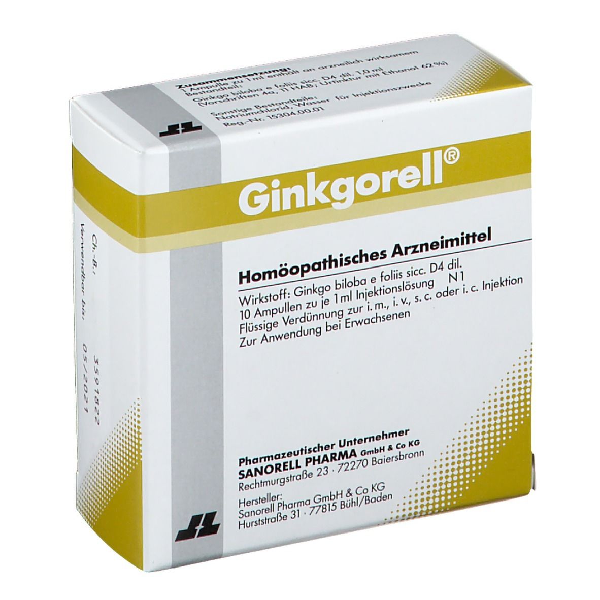 Ginkgorell®-Verpackung. Homöopathisches Arzneimittel. Enthält 10 Ampullen. Gelb-weiße Schachtel mit Text.