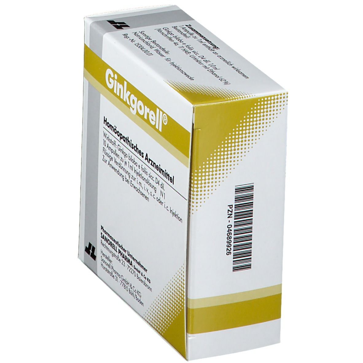 Ginkgorell®-Verpackung, schräg. Homöopathisches Arzneimittel. Gelb-weiße Schachtel mit Text und Barcode.