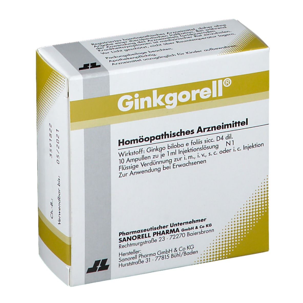 Ginkgorell®-Verpackung. Homöopathisches Arzneimittel. Enthält 10 Ampullen. Gelb-weiße Schachtel mit Text.