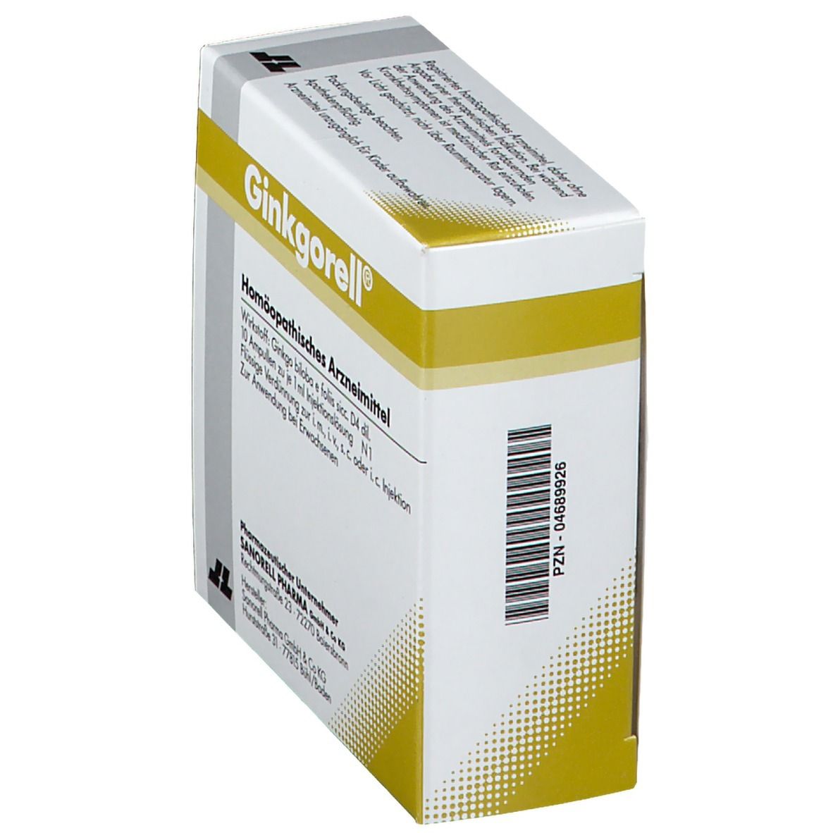 Ginkgorell®-Verpackung, schräg. Homöopathisches Arzneimittel. Gelb-weiße Schachtel mit Text und Barcode.