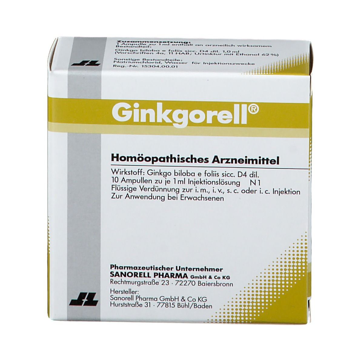 Ginkgorell®-Verpackung. Homöopathisches Arzneimittel. Gelb-weiße Schachtel mit Text.