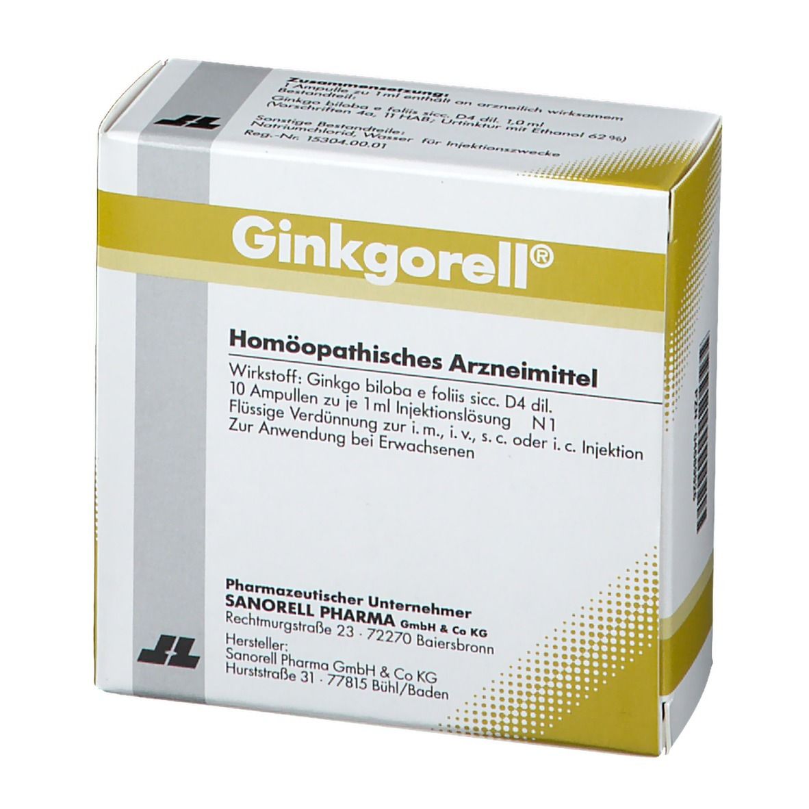Ginkgorell®-Verpackung. Homöopathisches Arzneimittel. Gelb-weiße Schachtel mit Text.