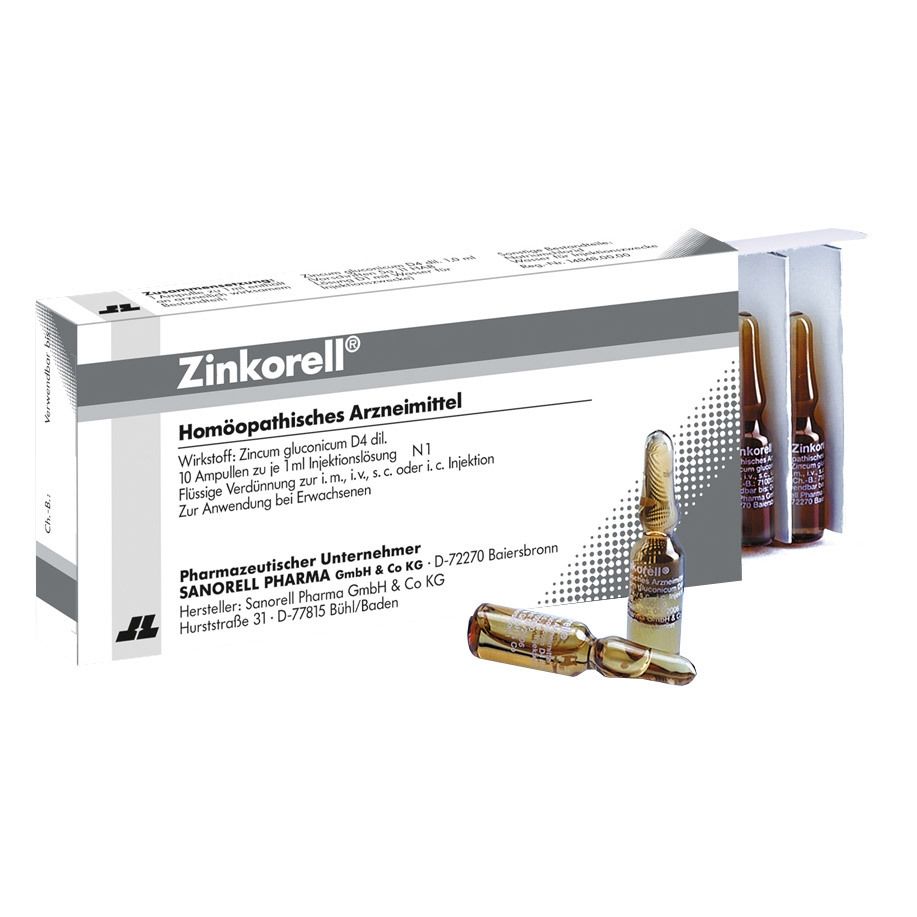 Zinkorell®-Packung mit Ampullen. Geöffnete Schachtel mit Ampullen. Braune Glasampullen mit Flüssigkeit.
