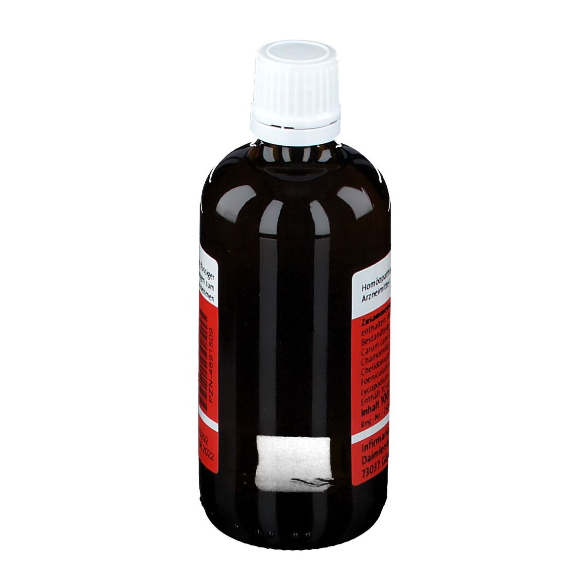Braune Glasflasche mit weißem Deckel und rotem Etikett. Etikett mit Text, teilweise verdeckt.