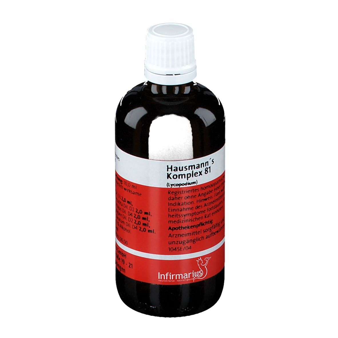 Braune Glasflasche mit weißem Deckel und rotem Etikett. Beschriftung: Hausmann's Komplex 81, Infrimarius.