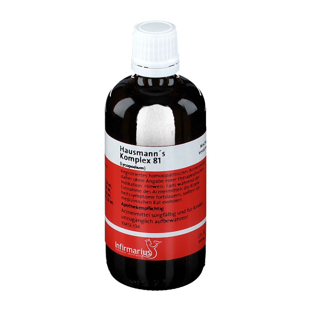 Braune Glasflasche mit weißem Deckel und rotem Etikett. Beschriftung: Hausmann's Komplex 81, Infrimarius.