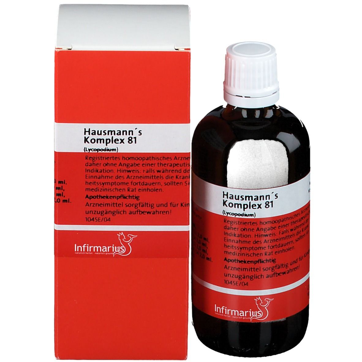 Braune Glasflasche mit weißem Deckel und rotem Etikett neben roter Verpackung. Beschriftung: Hausmann's Komplex 81.