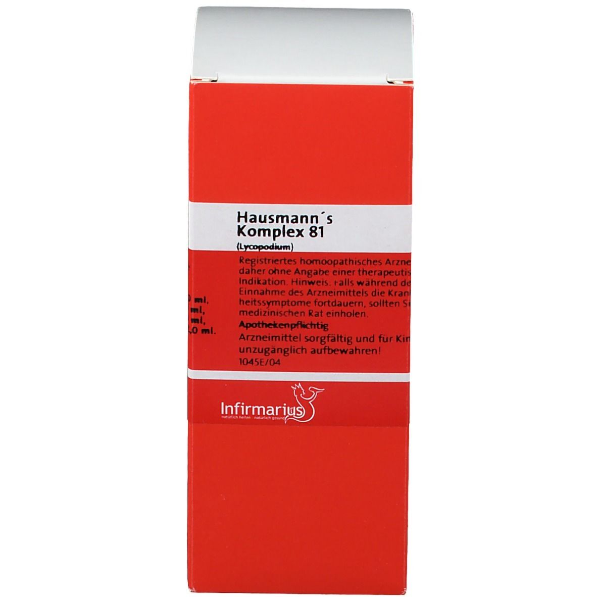 Rote Verpackung mit weißem Etikett. Beschriftung: Hausmann's Komplex 81, Infrimarius.