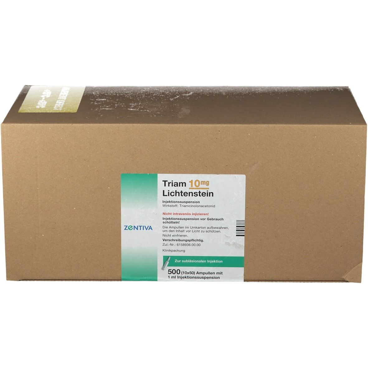 Braune Kartonverpackung mit Etikett. Etikett mit Triam 10 mg Lichtenstein, ZENTIVA-Logo und Produktinformationen.