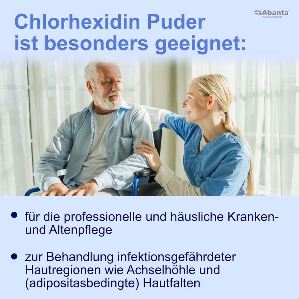 Älterer Mann im Rollstuhl und Pflegekraft. Text: Chlorhexidin Puder ist besonders geeignet: für die professionelle Pflege.