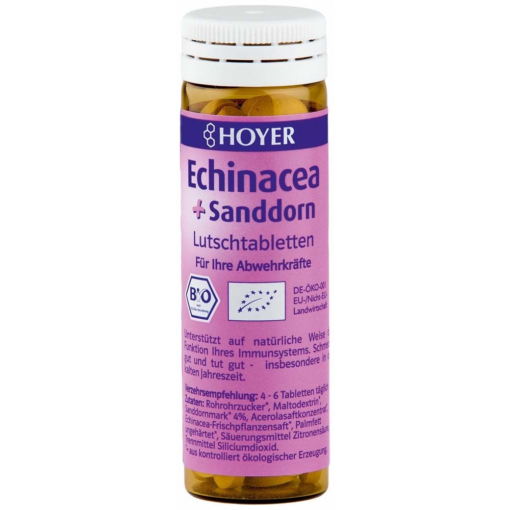 Glasflasche mit Tabletten. Aufschrift: Hoyer Echinacea + Sanddorn. Mit Bio-Siegel. Weißer Deckel.
