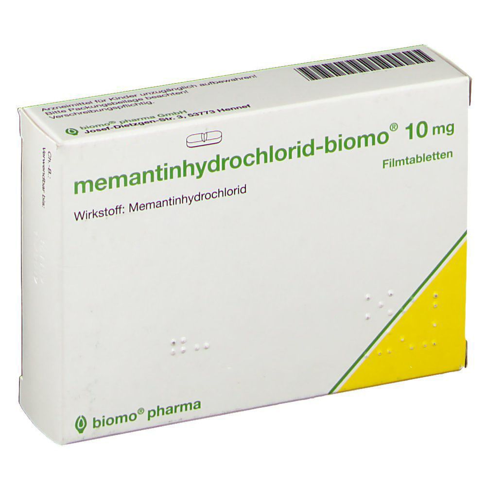 Weiße Schachtel mit grüner und gelber Grafik. Beschriftung: memantinhydrochlorid-biomo 10 mg Filmtabletten. Wirkstoff: Memantinhydrochlorid.