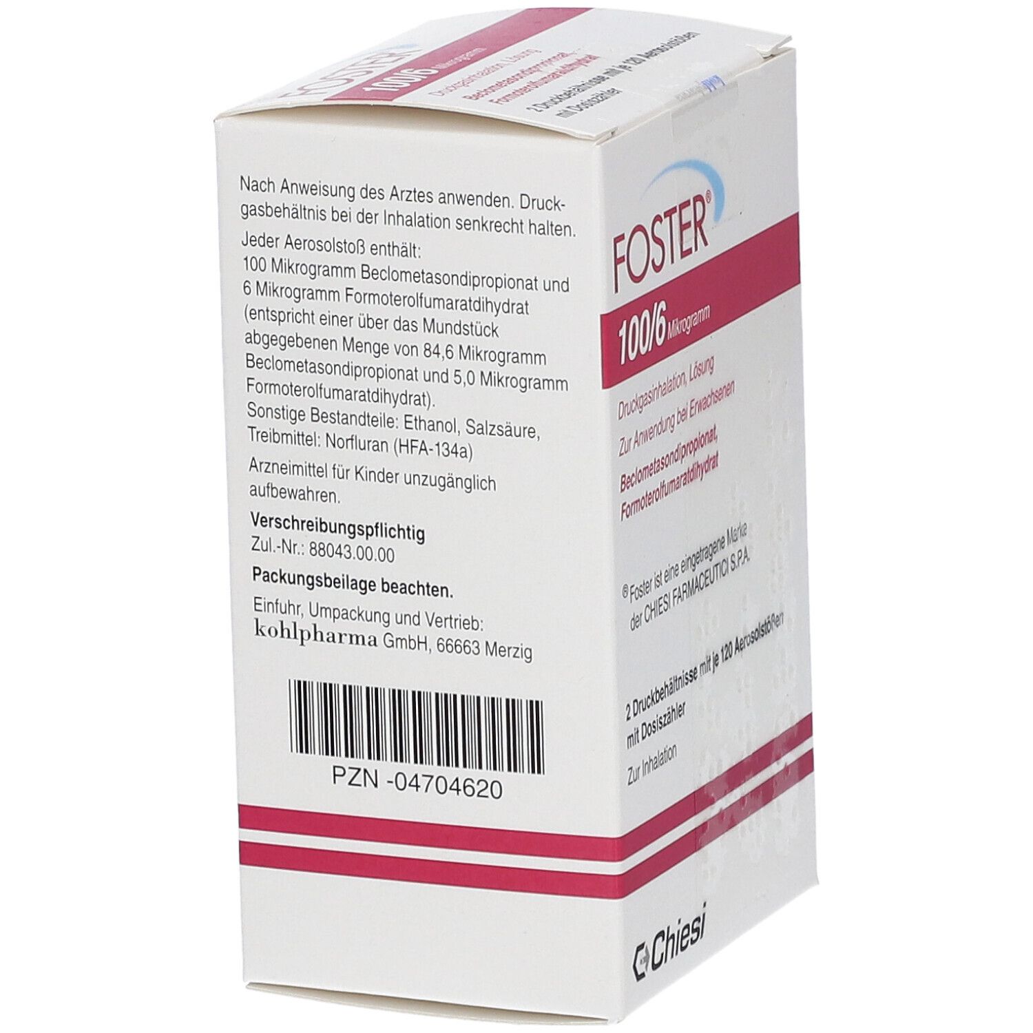 Weiße Faltschachtel mit roter Schrift. Aufschrift: FOSTER 100/6 Mikrogramm. Rückseite mit Text und PZN-Nummer. Marke Chiesi.