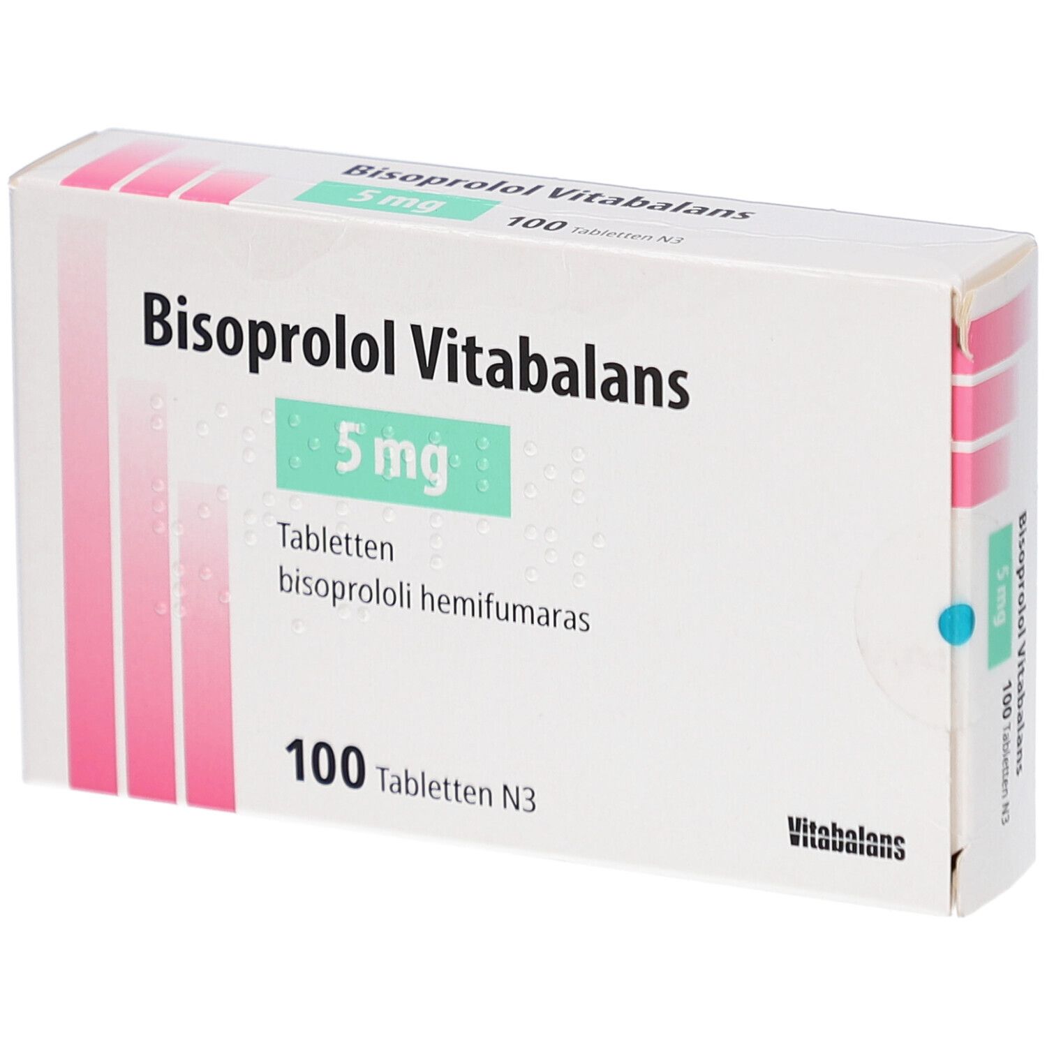 Schachtel Bisoprolol Vitabalans 5 mg. Aufschrift: 5 mg, 100 Tabletten. Grün-weiße Verpackung.