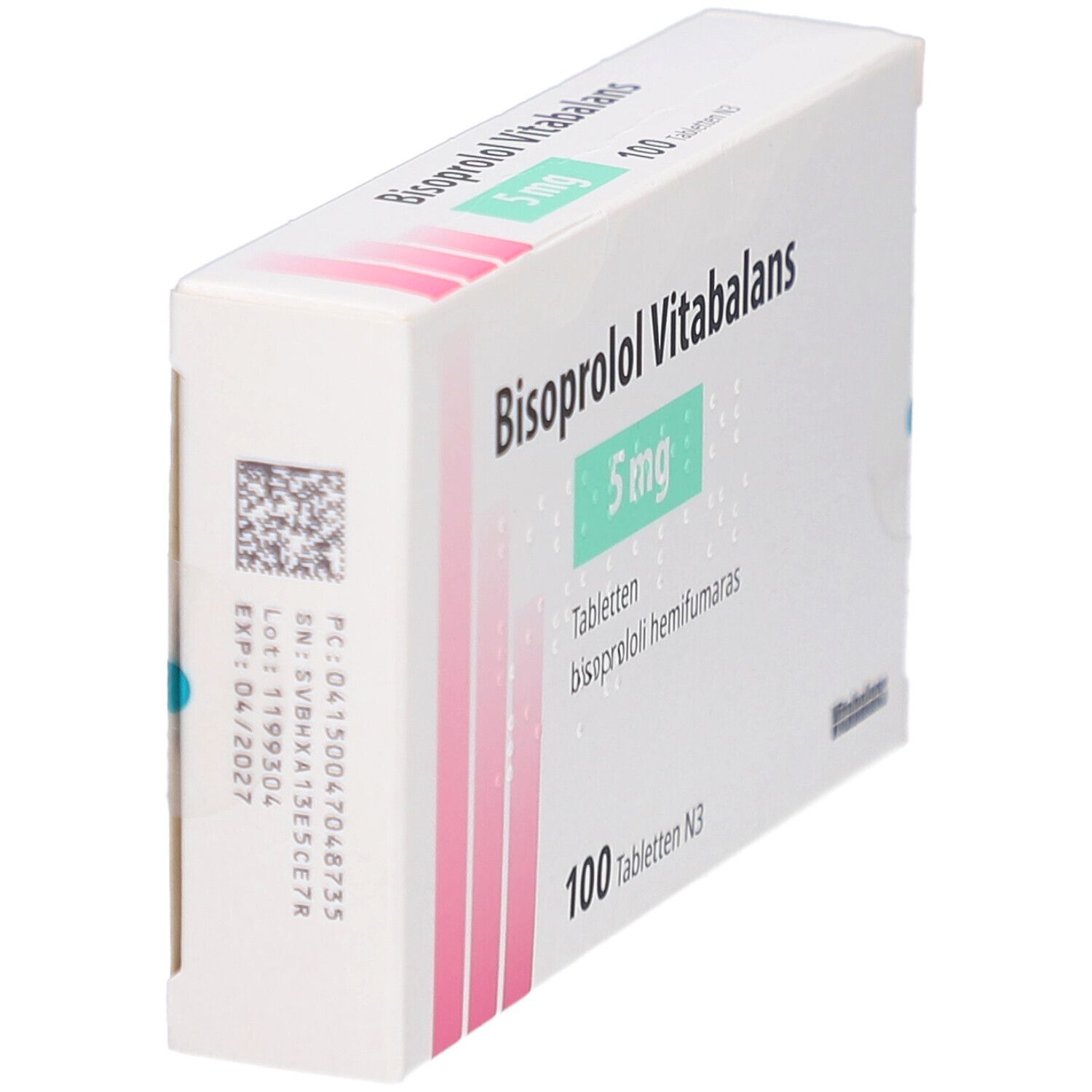 Schachtel Bisoprolol Vitabalans 5 mg. Seitenansicht. Aufschrift: 5 mg, 100 Tabletten. Grün-weiße Verpackung.