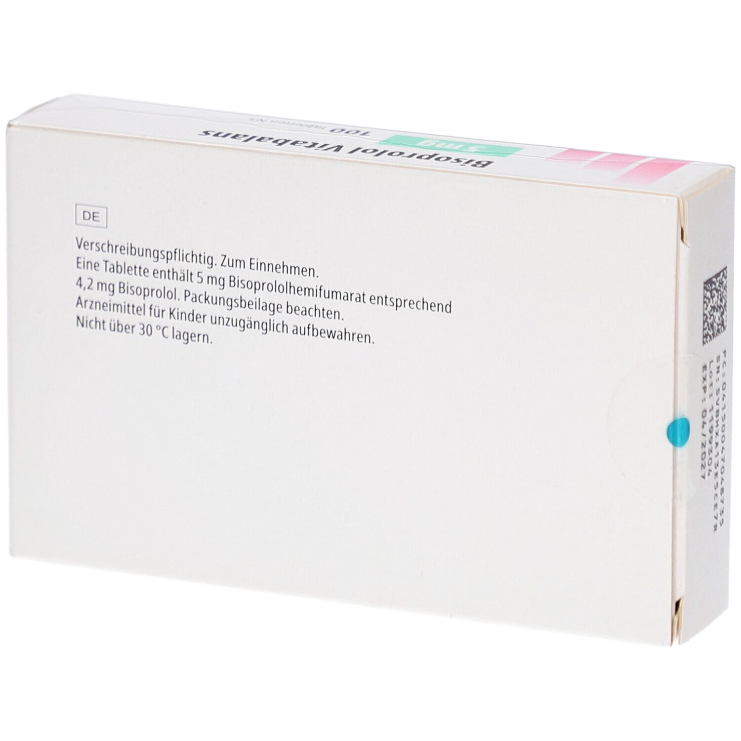 Rückseite der Schachtel Bisoprolol Vitabalans 5 mg. Text in Deutsch. Grün-weiße Verpackung.