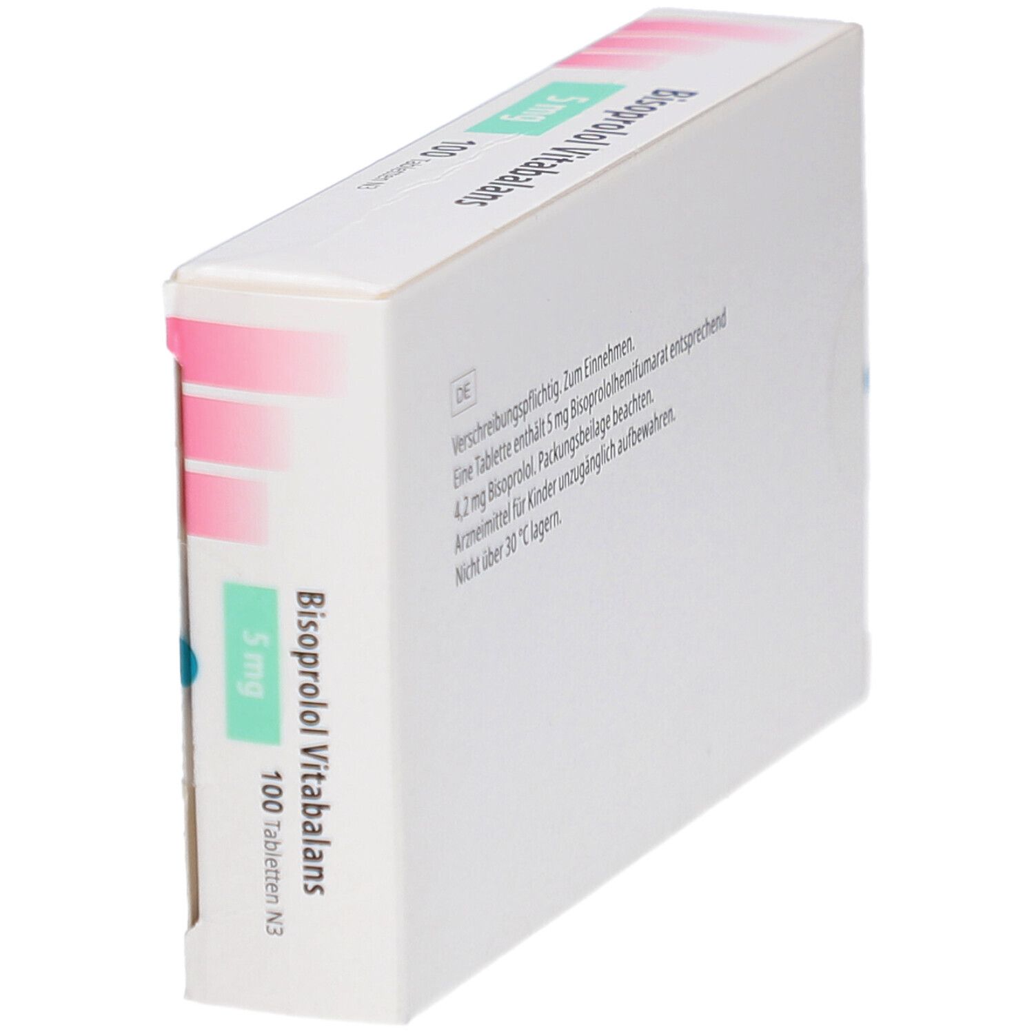 Schachtel Bisoprolol Vitabalans 5 mg. Seitenansicht. Aufschrift: 5 mg, 100 Tabletten. Grün-weiße Verpackung.