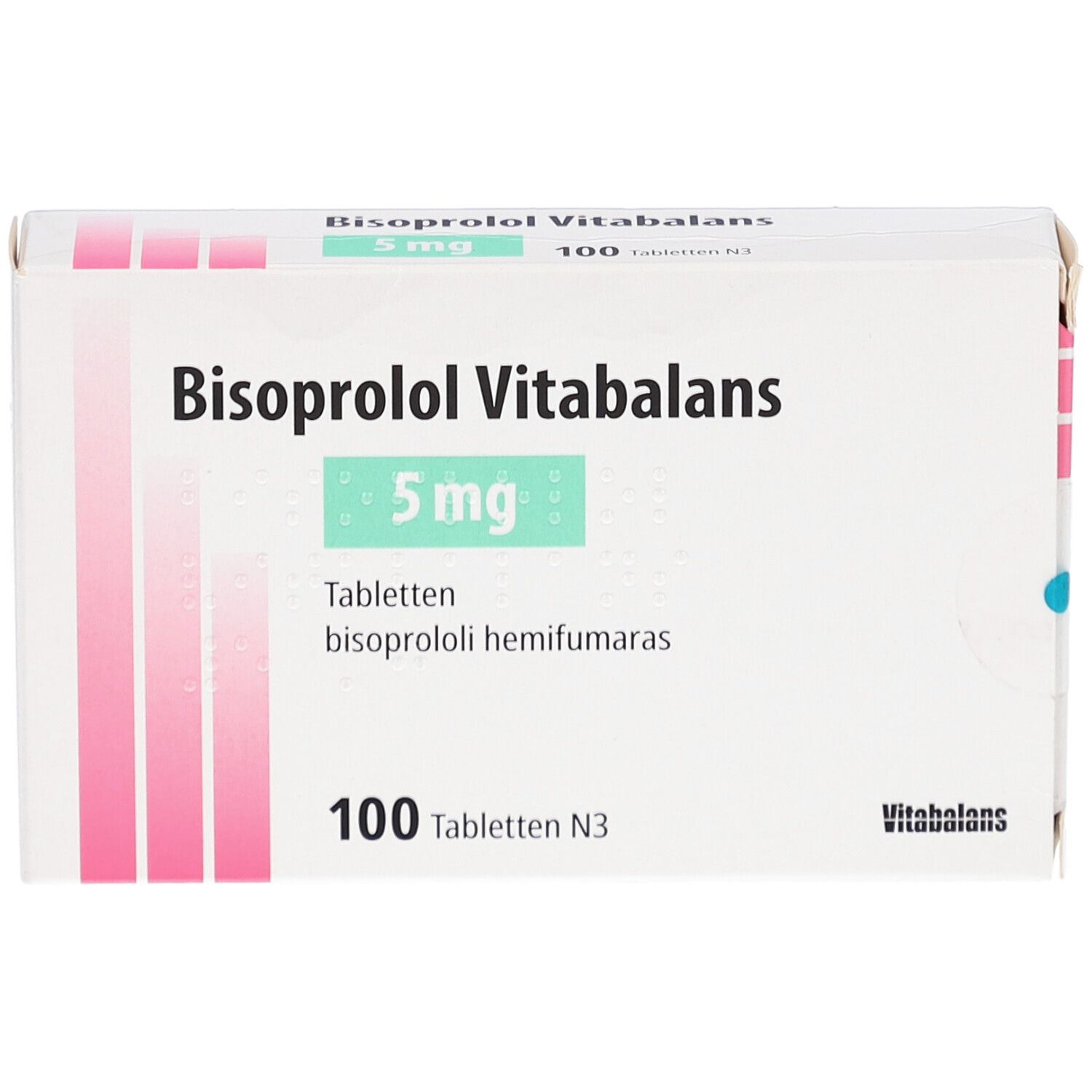 Schachtel Bisoprolol Vitabalans 5 mg. Aufschrift: 5 mg, 100 Tabletten. Grün-weiße Verpackung.