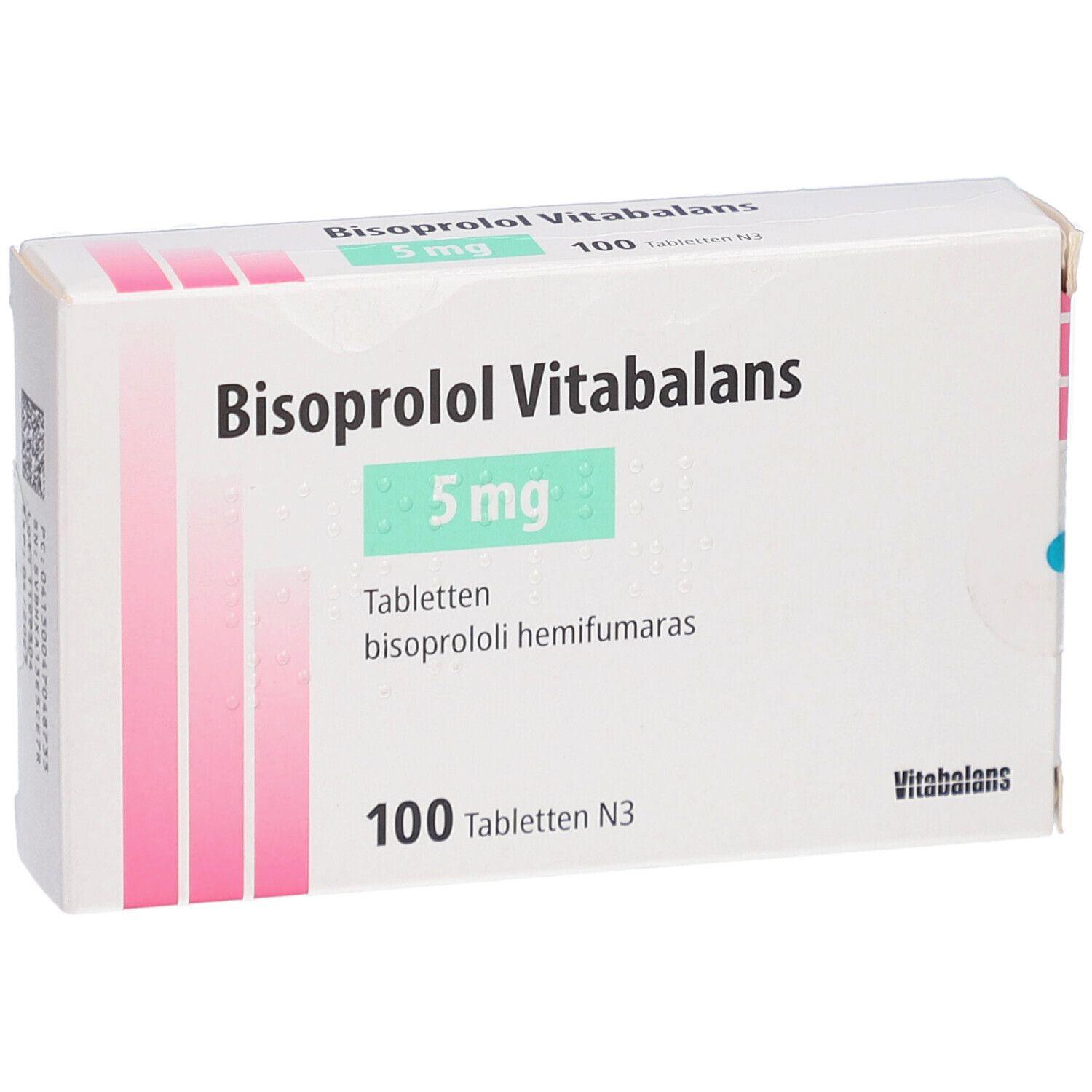 Schachtel Bisoprolol Vitabalans 5 mg. Aufschrift: 5 mg, 100 Tabletten. Grün-weiße Verpackung.