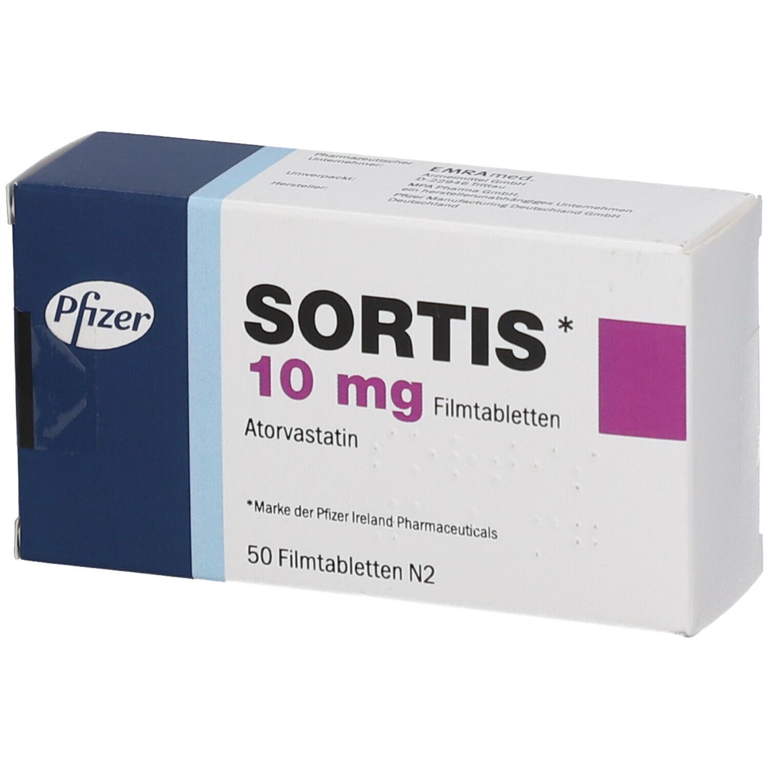 Schachtel mit 'Sortis 10 mg' und 'Atorvastatin'. Blaue und weiße Verpackung mit Pfizer-Logo. 50 Filmtabletten.