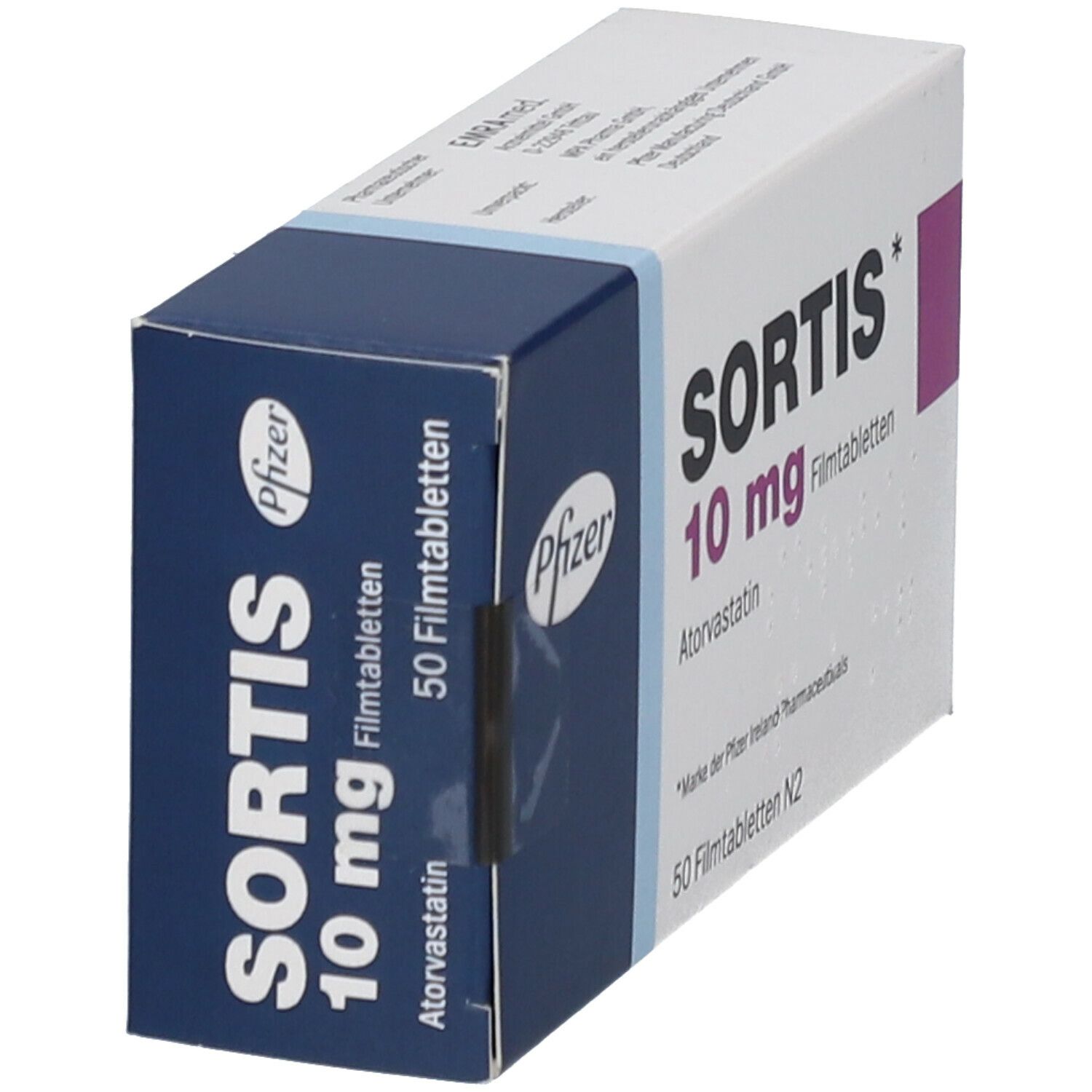 Schachtel 'Sortis 10 mg' mit Pfizer-Logo. Blaue und weiße Verpackung. Enthält 'Atorvastatin' und 50 Filmtabletten.