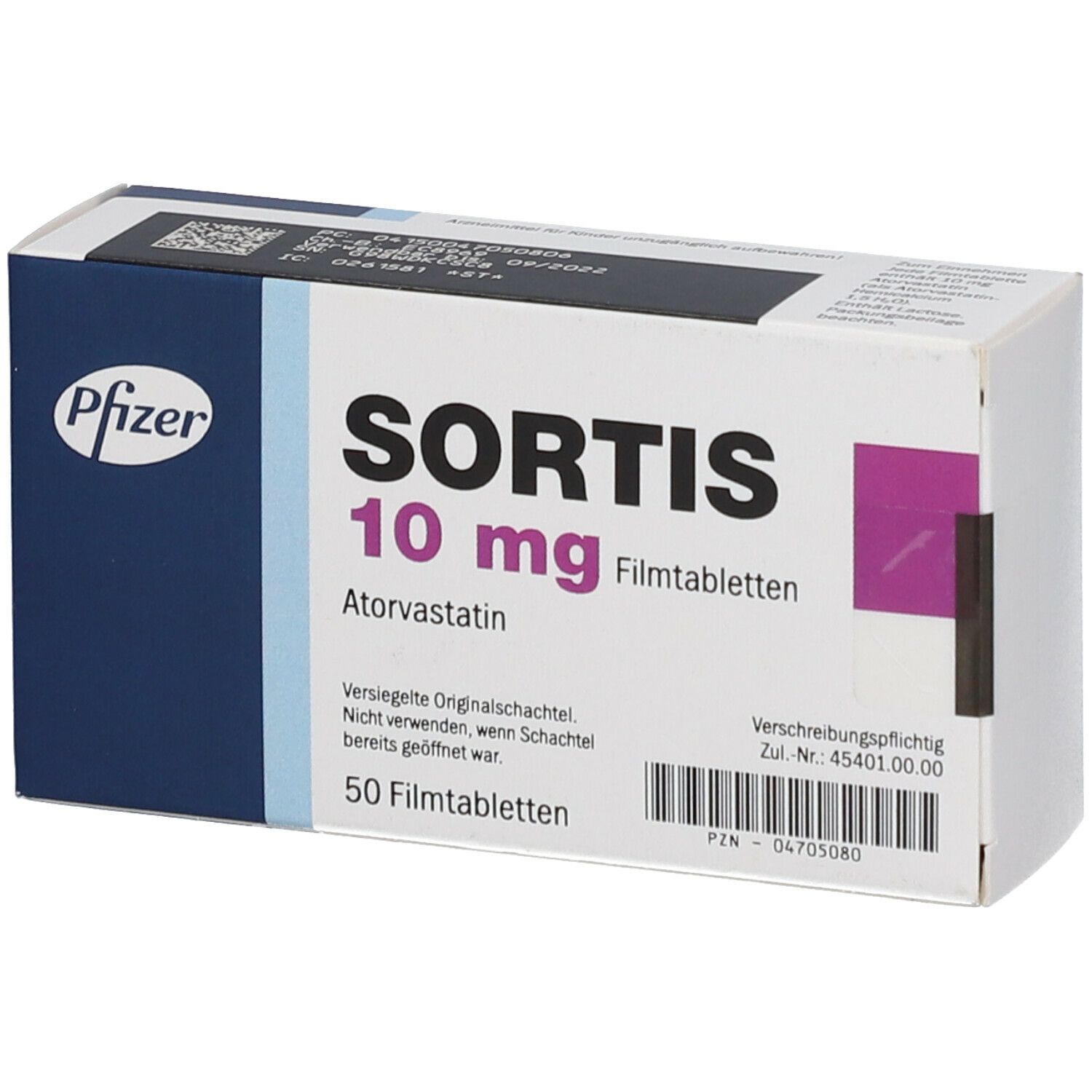 Schachtel 'Sortis 10 mg' mit Pfizer-Logo. Enthält 'Atorvastatin' und 50 Filmtabletten. Mit Barcode und Warnhinweisen.