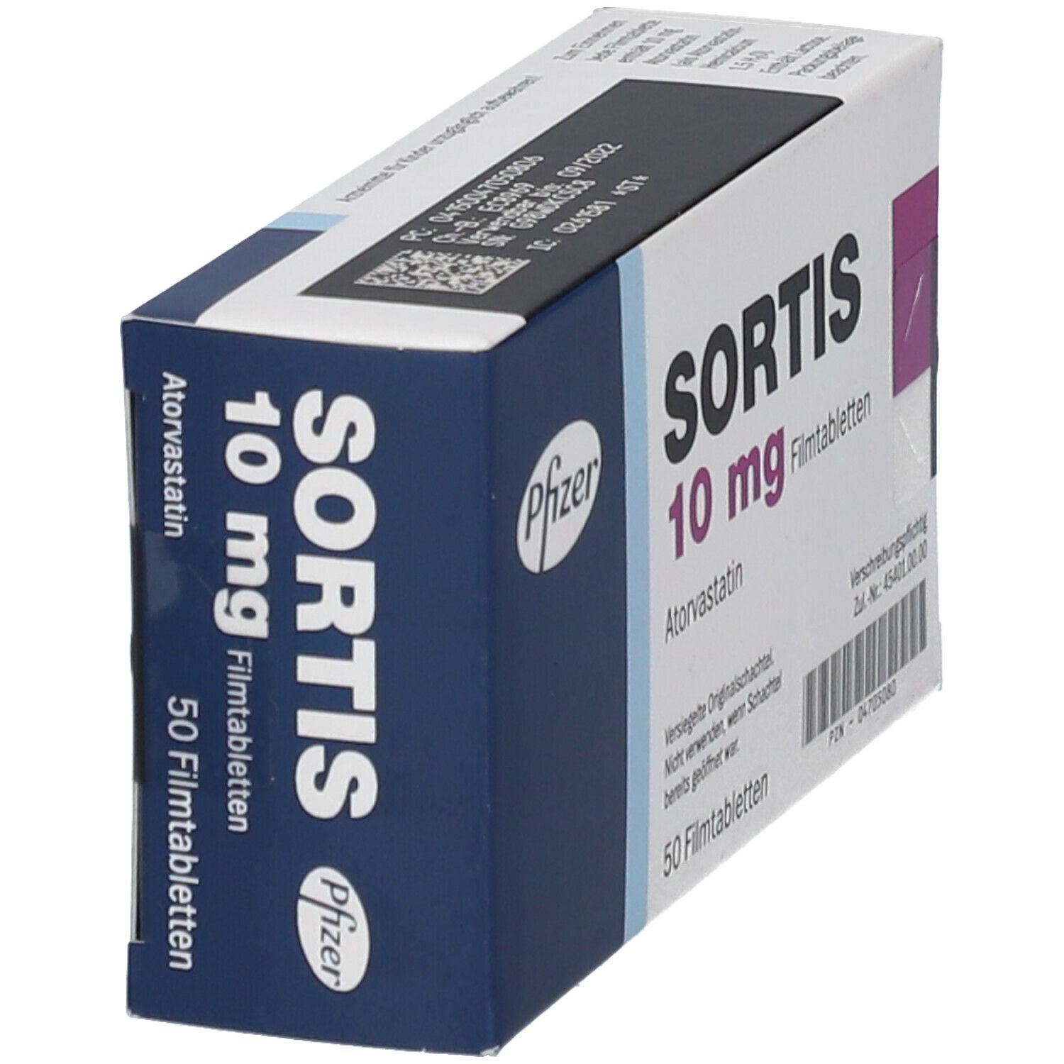 Schachtel 'Sortis 10 mg' mit Pfizer-Logo. Enthält 'Atorvastatin' und 50 Filmtabletten. Mit Barcode und Text.