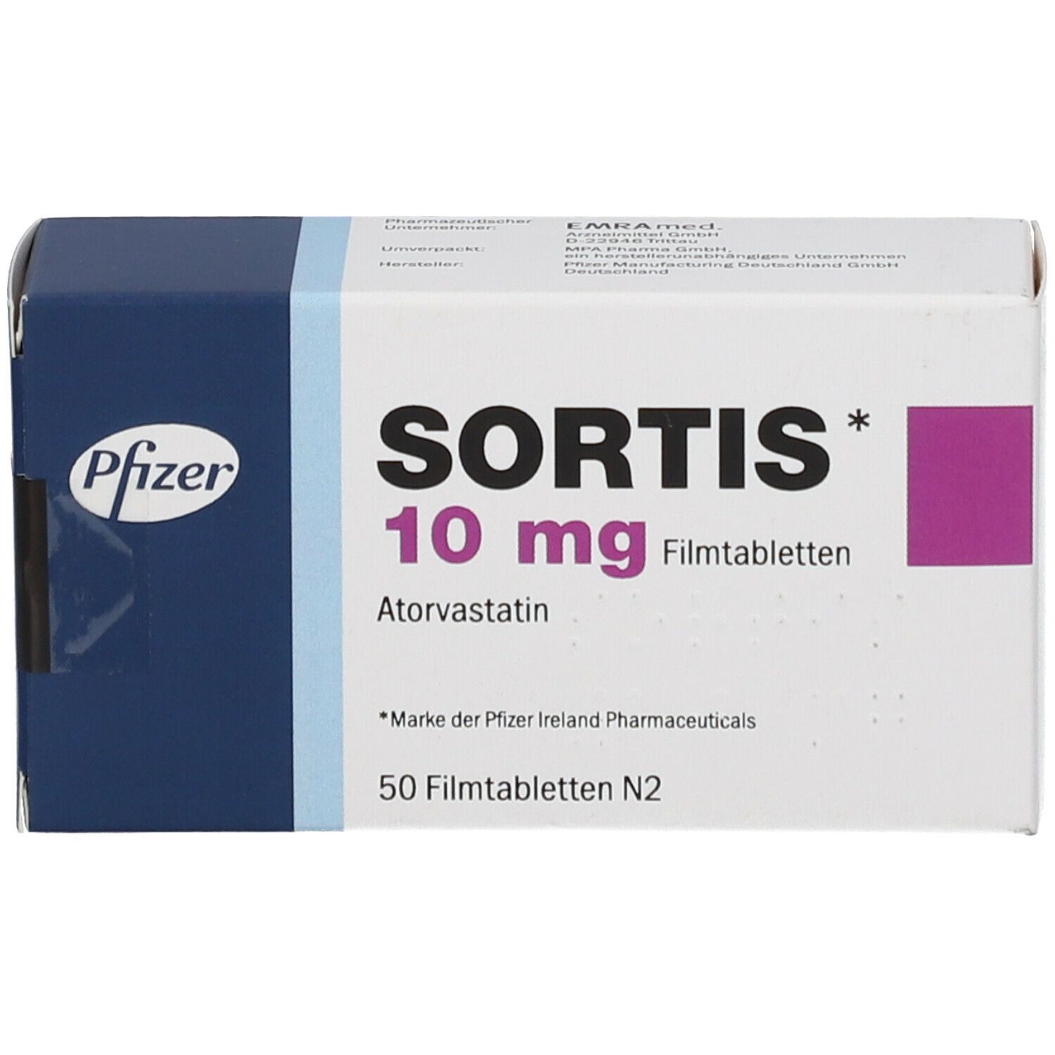 Schachtel 'Sortis 10 mg' mit Pfizer-Logo. Enthält 'Atorvastatin' und 50 Filmtabletten. Blaue und weiße Verpackung.