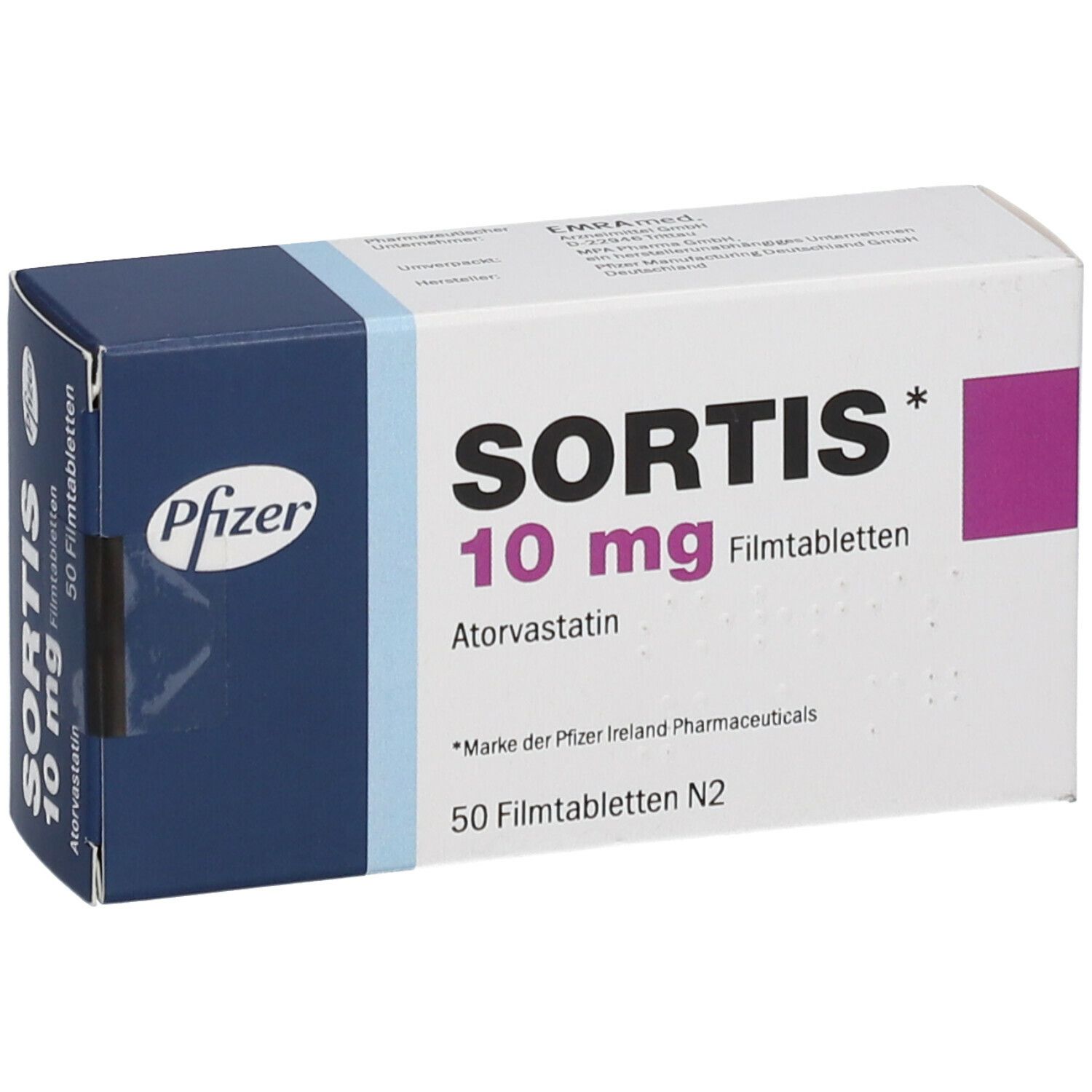 Schachtel 'Sortis 10 mg' mit Pfizer-Logo. Enthält 'Atorvastatin' und 50 Filmtabletten. Blaue und weiße Verpackung.