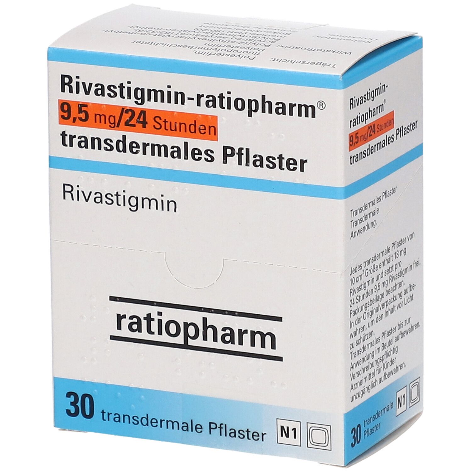 Schachtel Rivastigmin-ratiopharm® 9,5 mg/24 Stunden transdermales Pflaster. 30 Pflaster. ratiopharm-Logo.