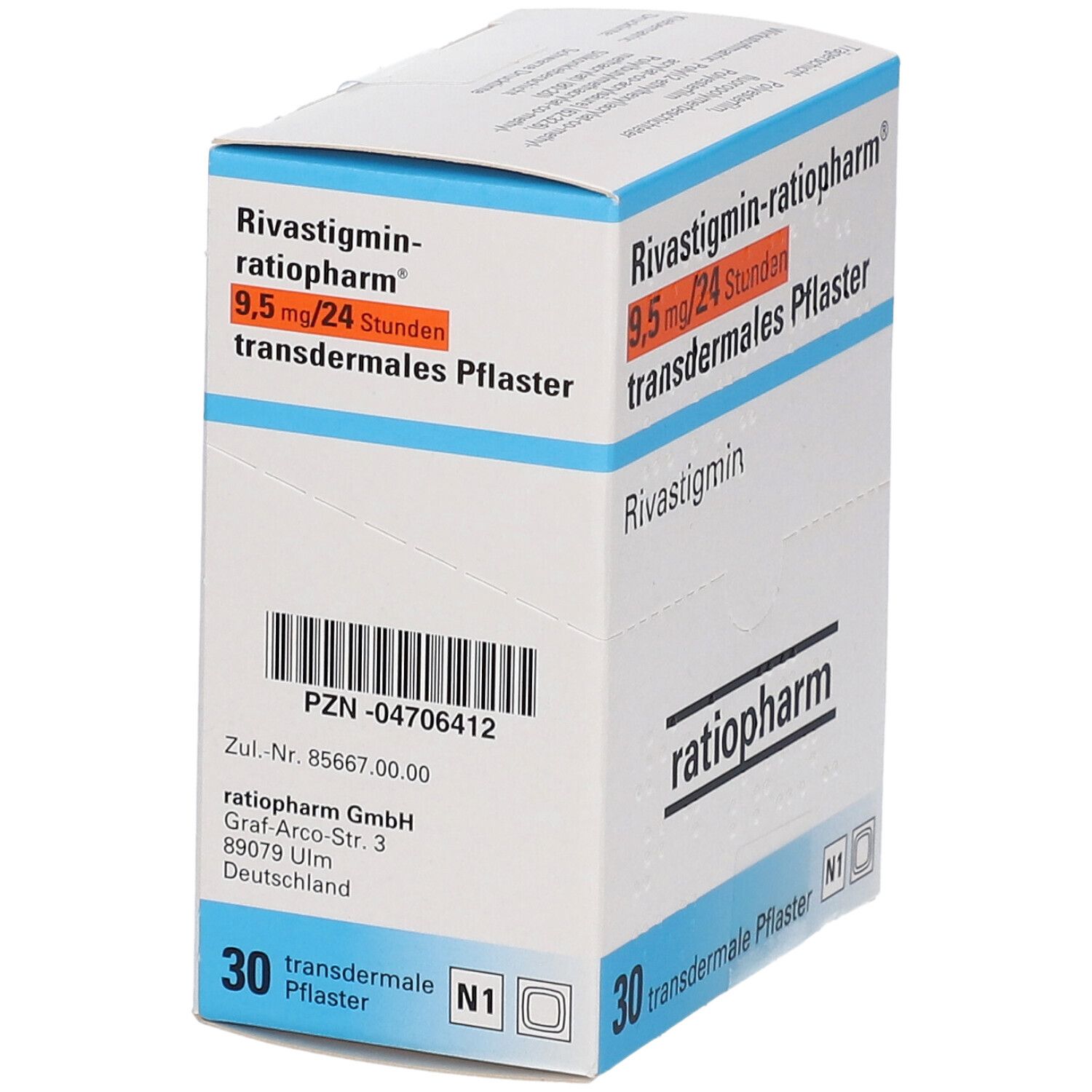 Schachtel Rivastigmin-ratiopharm® 9,5 mg/24 Stunden transdermales Pflaster. 30 Pflaster. ratiopharm-Logo.