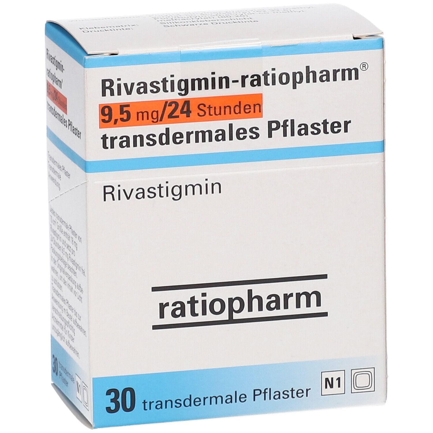 Schachtel Rivastigmin-ratiopharm® 9,5 mg/24 Stunden transdermales Pflaster. 30 Pflaster. ratiopharm-Logo.