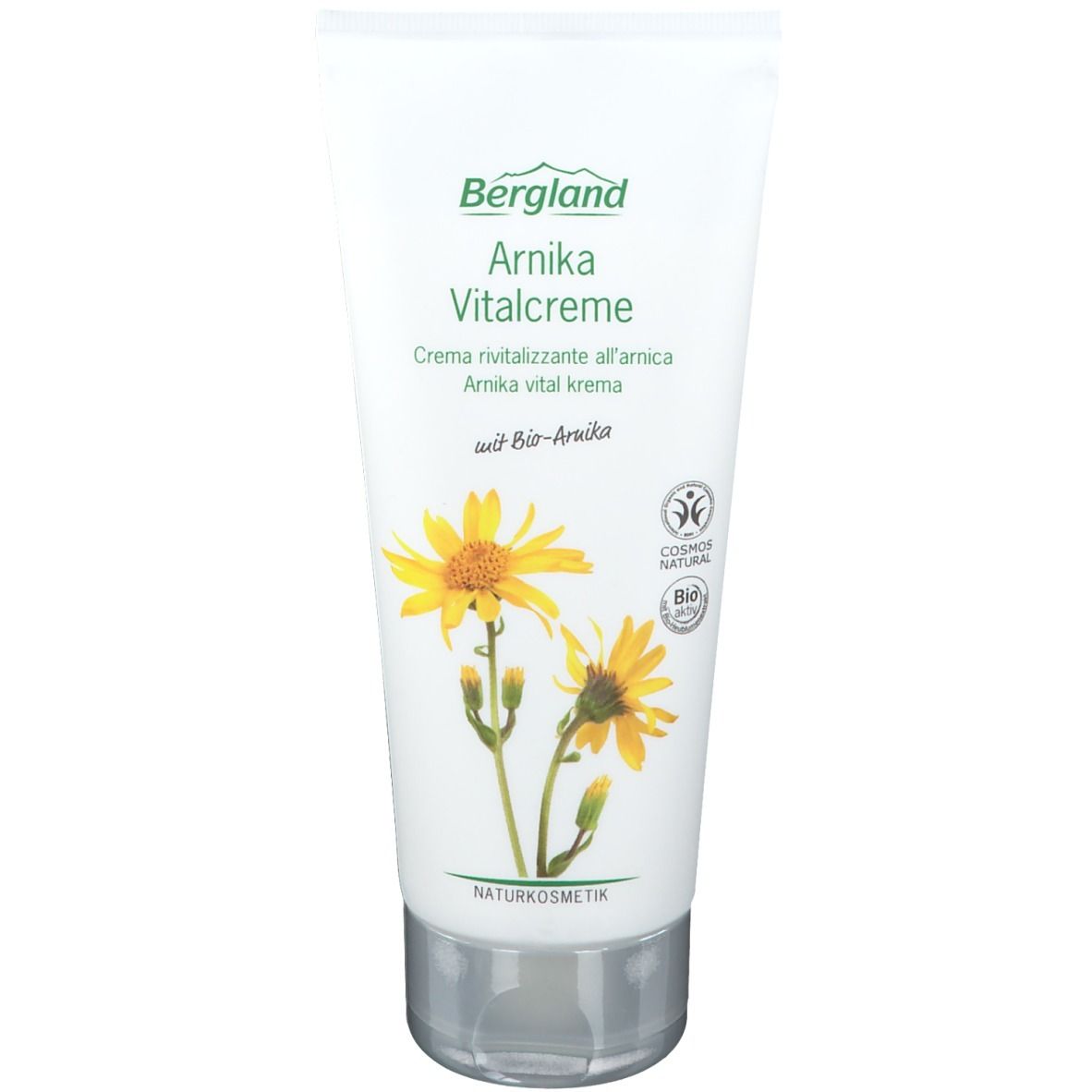 Creme-Tube mit Bergland-Logo und "Arnika Vitalcreme"-Schriftzug. Abbildung von Arnika-Blüten. Naturkosmetik-Siegel.