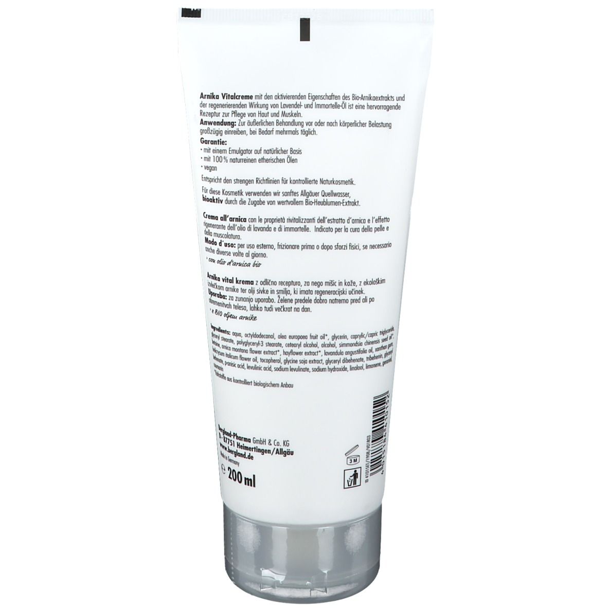 Rückseite der Creme-Tube mit Text. Enthält Informationen zu Inhaltsstoffen und Hersteller. Mit 200 ml Angabe.